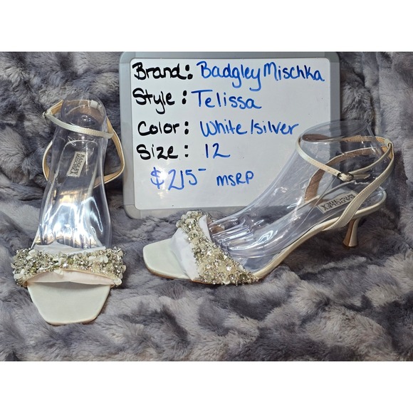 Badgley Mischka Shoes - Badgley Mischka Telissa White Silver Embellished Ankle Strap Heels Size 12